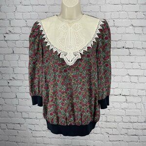 VTG Brenner Green Floral Blouse Top Embroidered 80’s Flowy Made In US Size 11/12